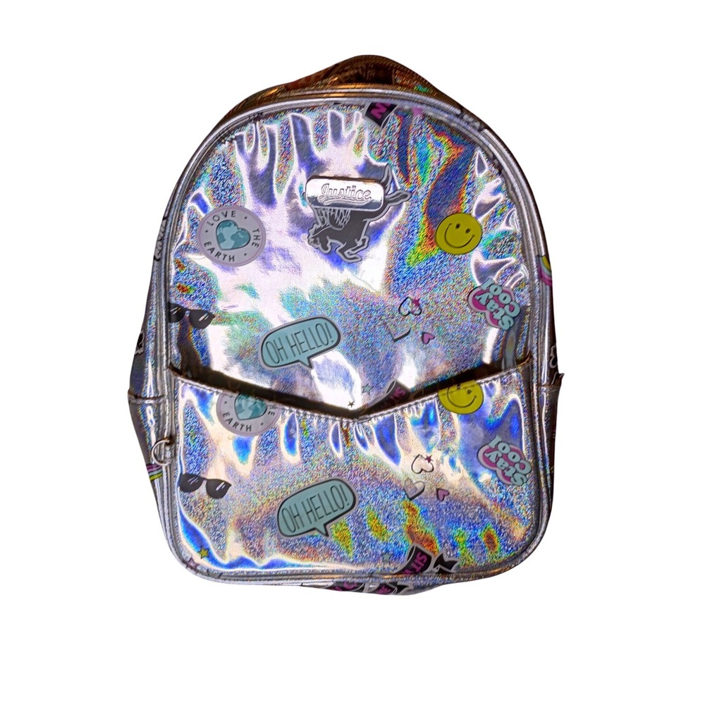 Justice Girls Silver Holographic Mini Backpack Iridescent Sticker Print Bag